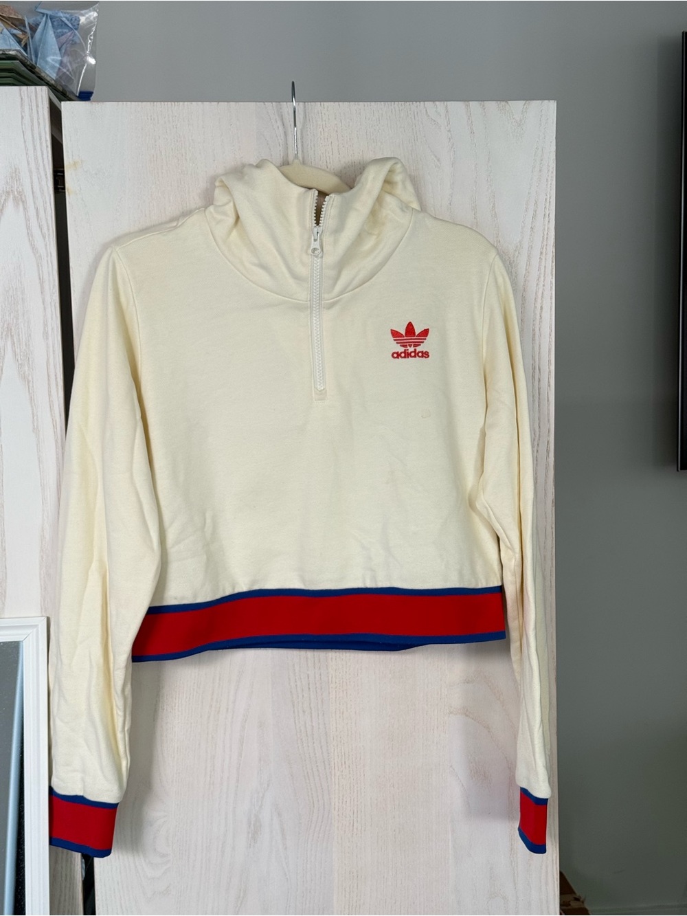 adidas Cream Cropped Half-Zip Sweater with Red and Blue Trim